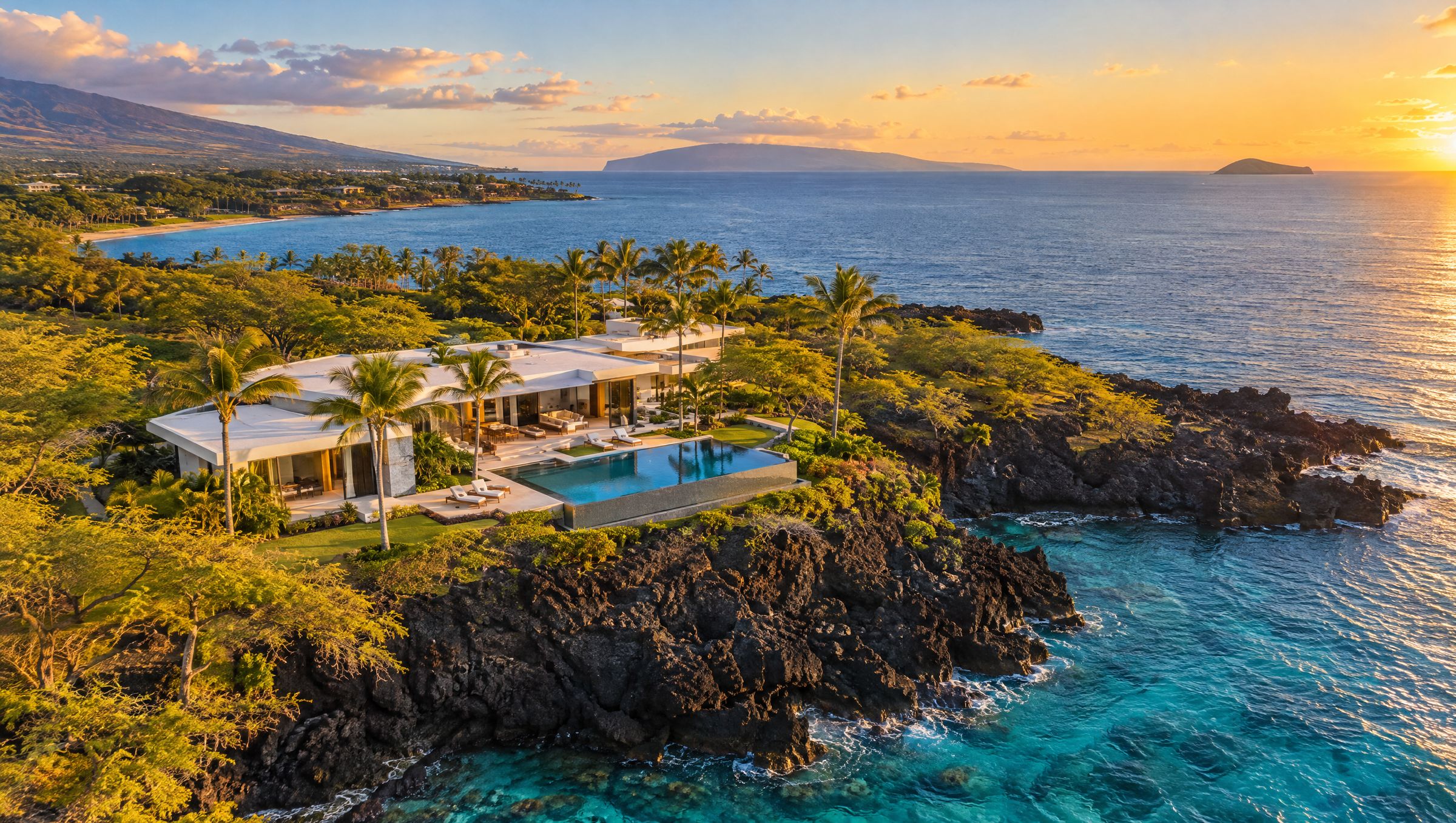 A modern estate on the Makena coast of South Maui at sunset