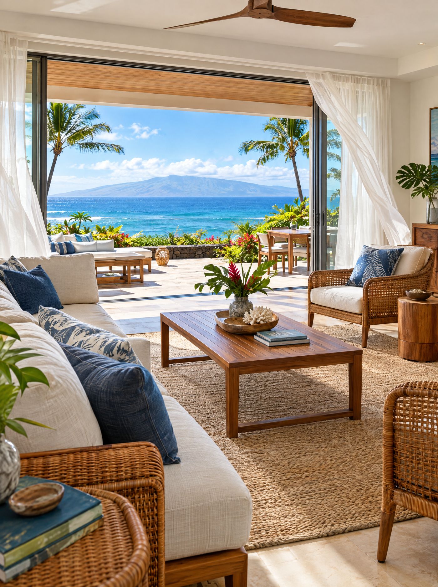 A bright Maui living room open to the lanai