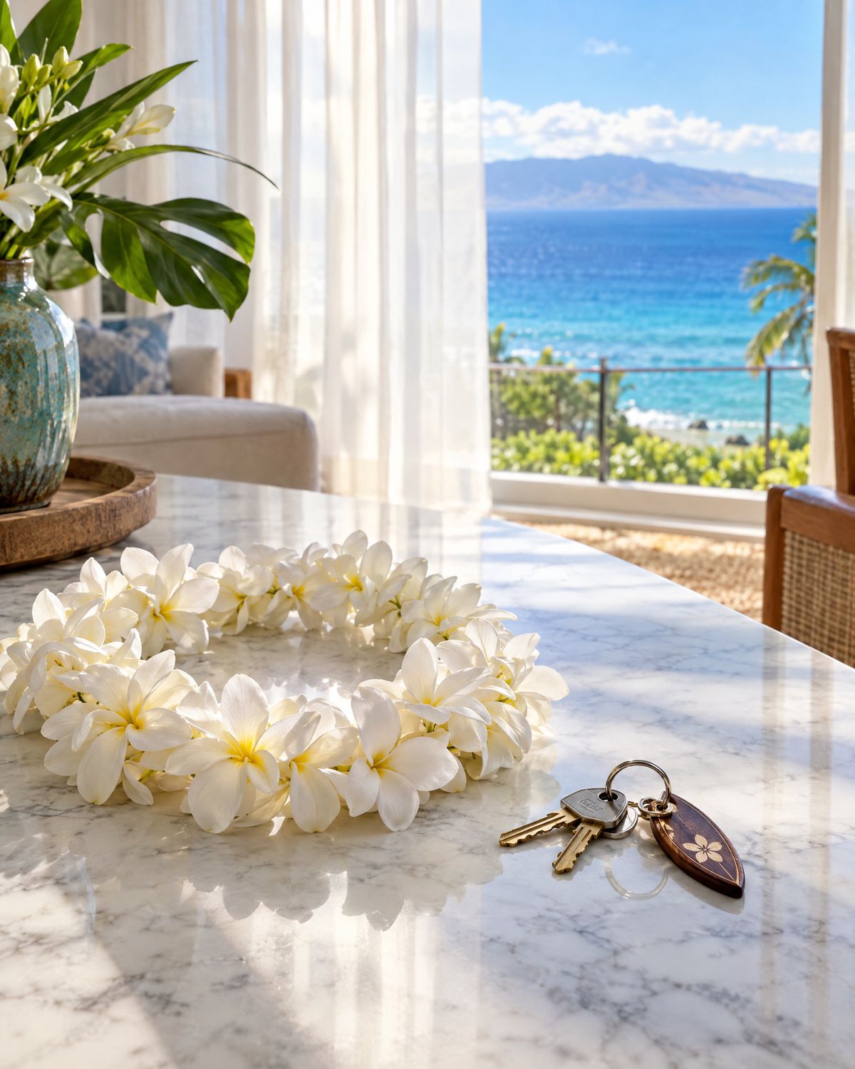 A plumeria lei and house keys